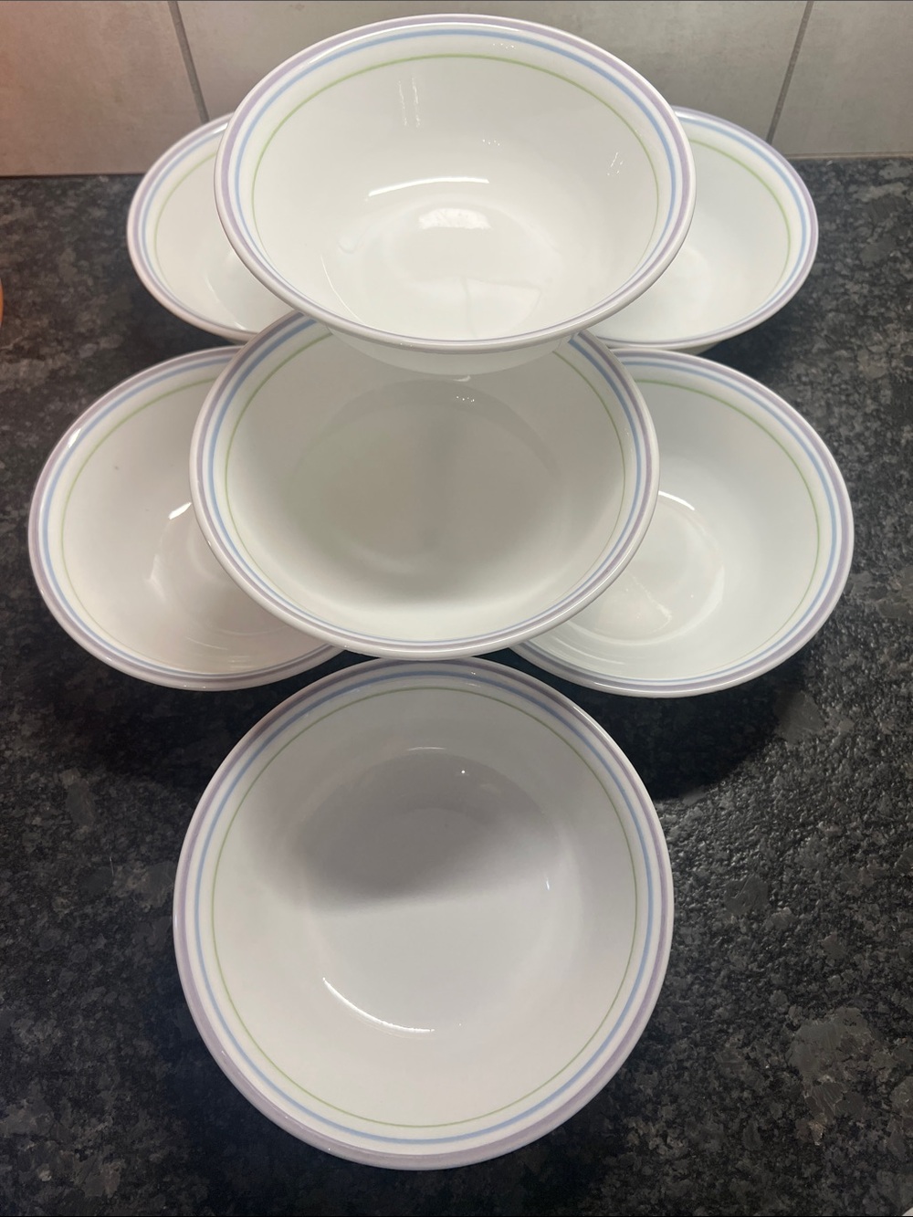 8 MOONGLOW Corelle Soup/Cereal Bowls with Blue, Green and Purple Rim -